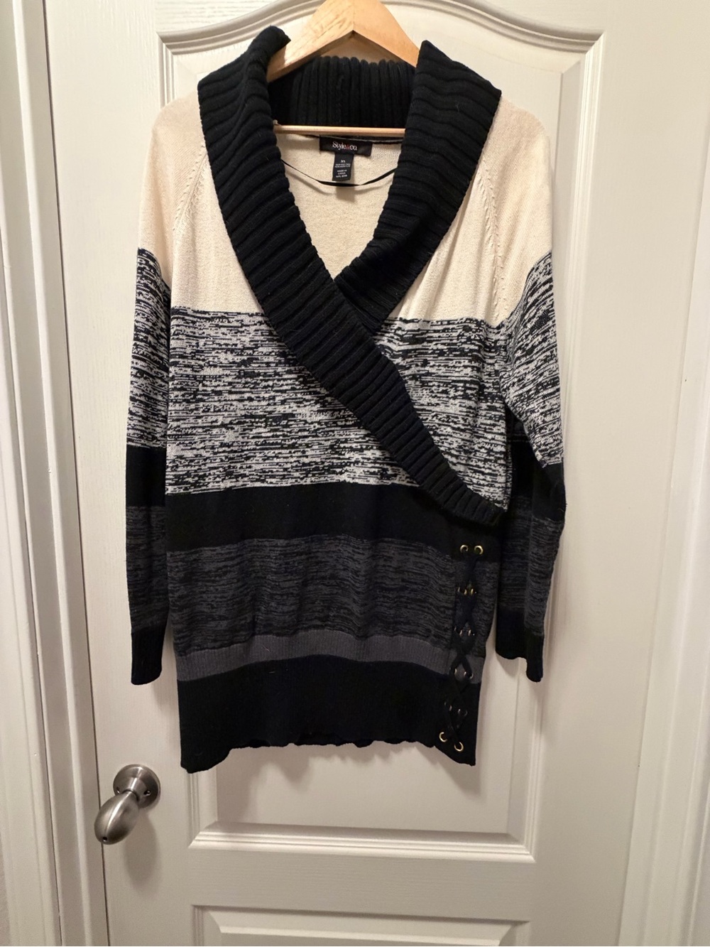 Style & Co. Shawl Collar Colorblock Cardigan Sweater in Black, Gray and Cream